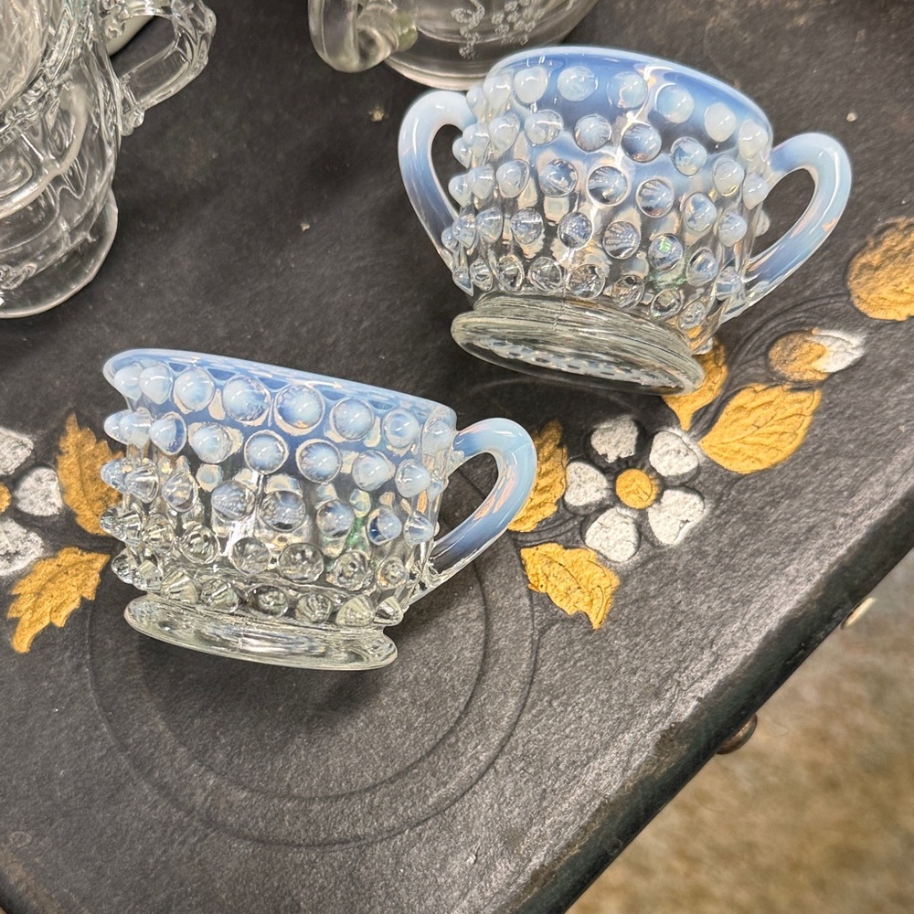 Hobnail Blue Opalescent Glass Creamer and Sugar Set - Picture 3 of 5